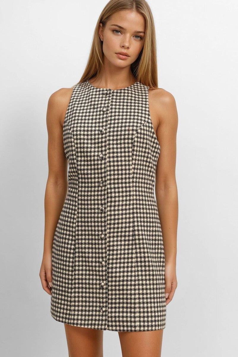 Sleeveless Houndstooth Button-Front Mini Dress