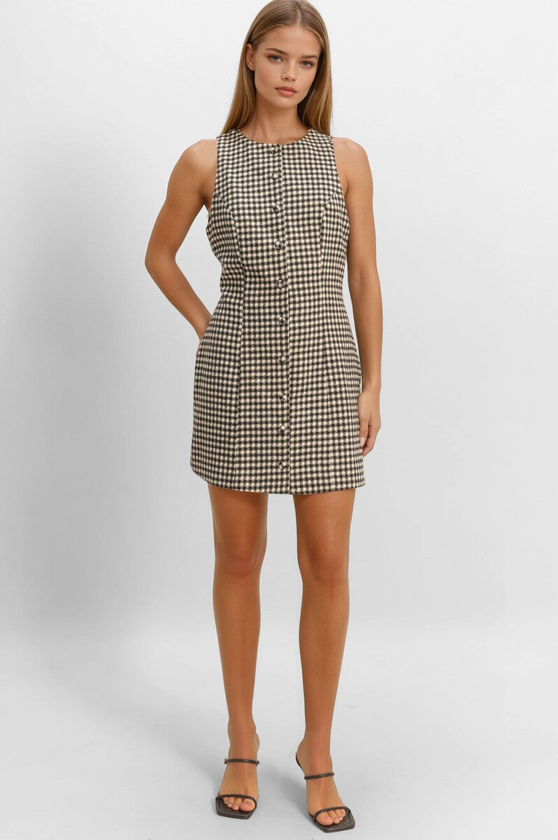 Sleeveless Houndstooth Button-Front Mini Dress - Image 2