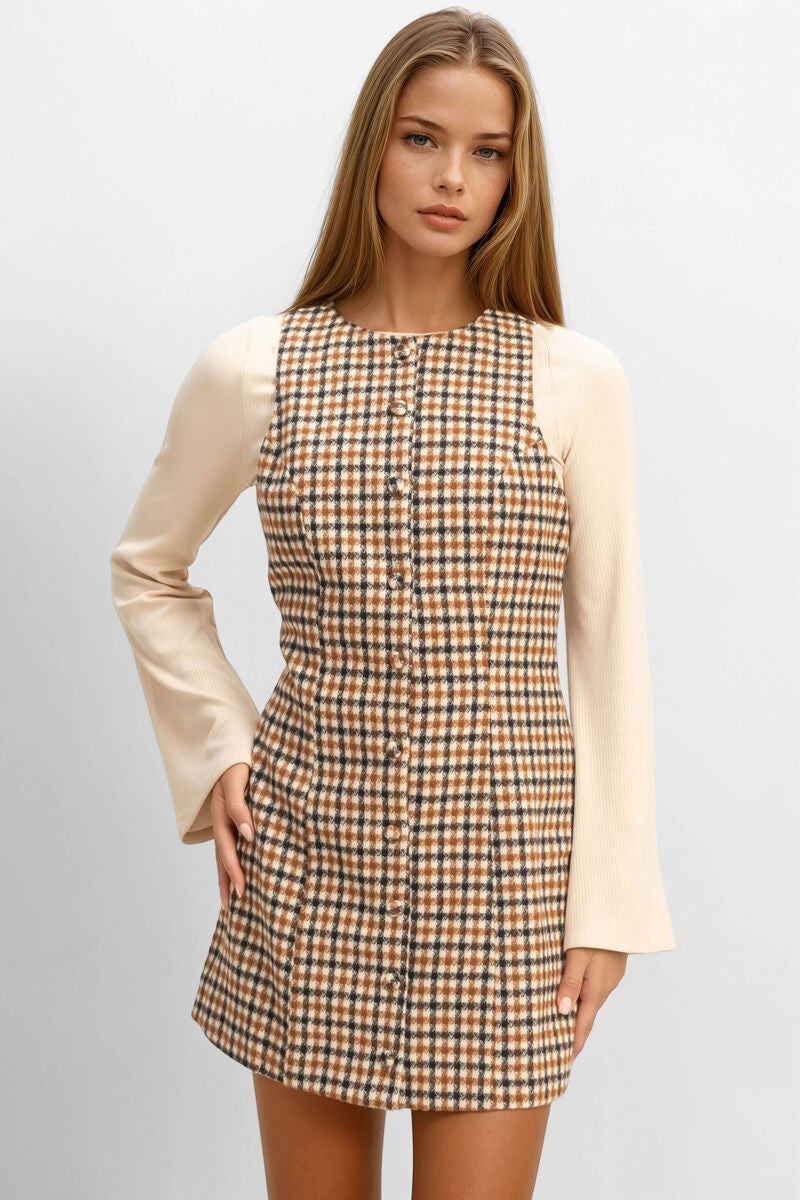 Sleeveless Houndstooth Button-Front Mini Dress - Image 6