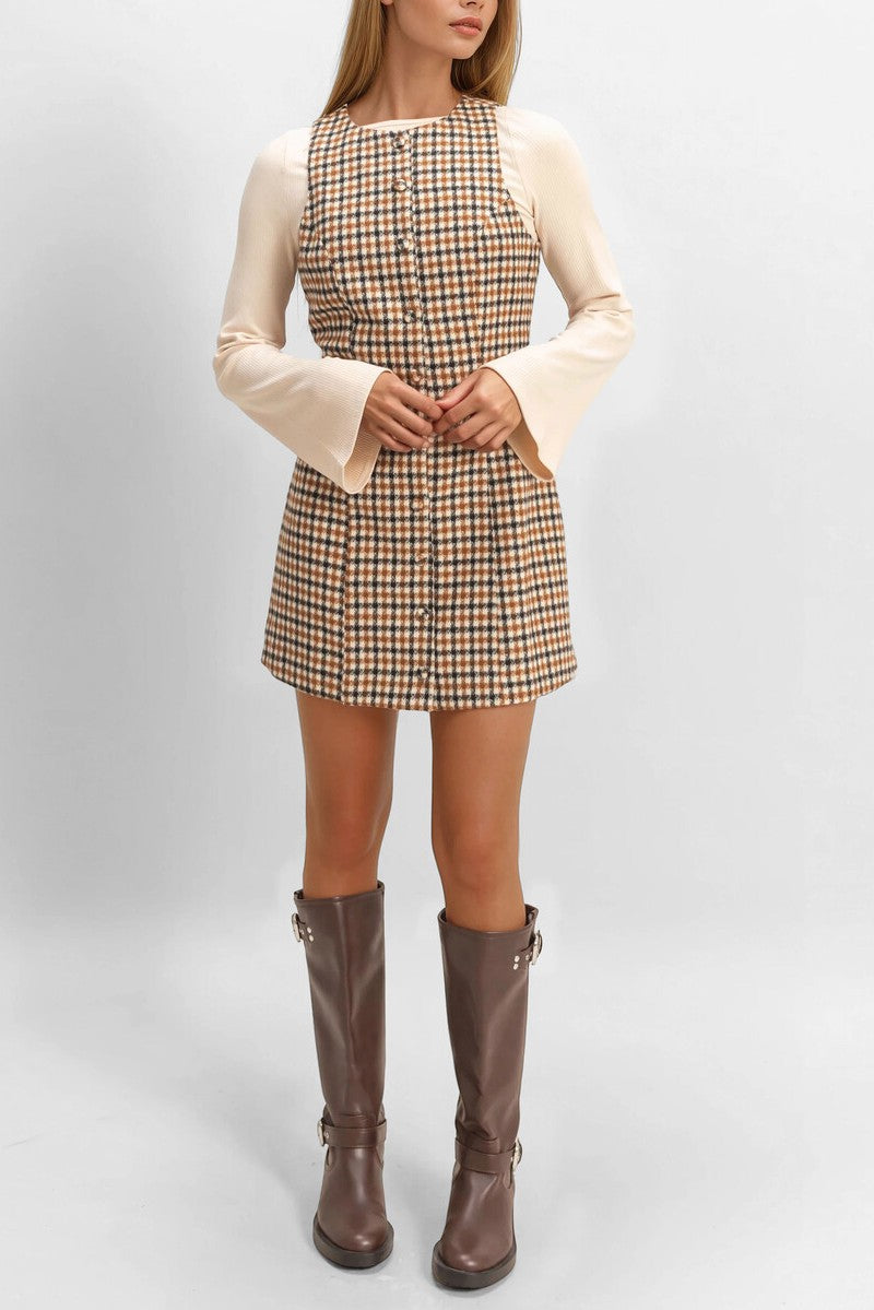 Sleeveless Houndstooth Button-Front Mini Dress - Image 7