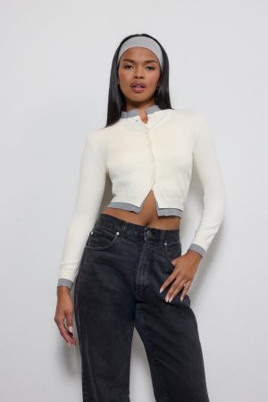 Contrast-Trim Cropped Cardigan Sweater