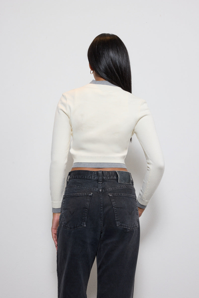Contrast-Trim Cropped Cardigan Sweater - Image 3