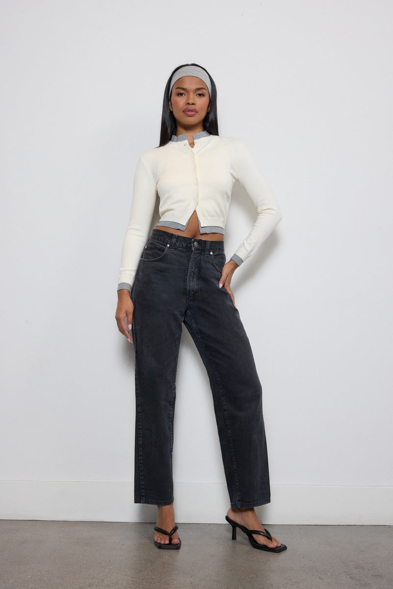 Contrast-Trim Cropped Cardigan Sweater - Image 2