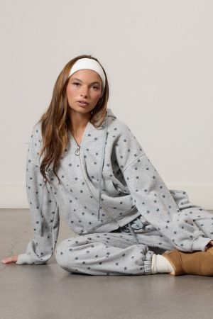 Star Print Zip-Front Hoodie