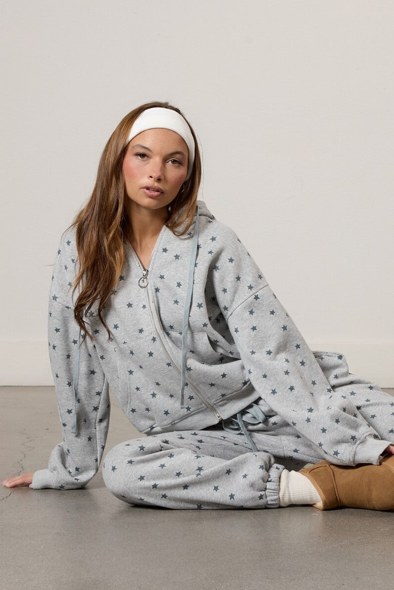 Star Print Zip-Front Hoodie