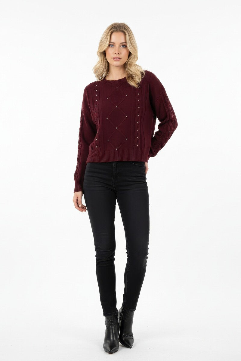 Embellished Cable-Knit Cropped Sweater
