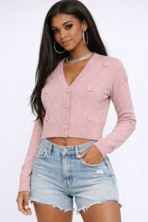 Bow Applique Cropped Cardigan Sweater