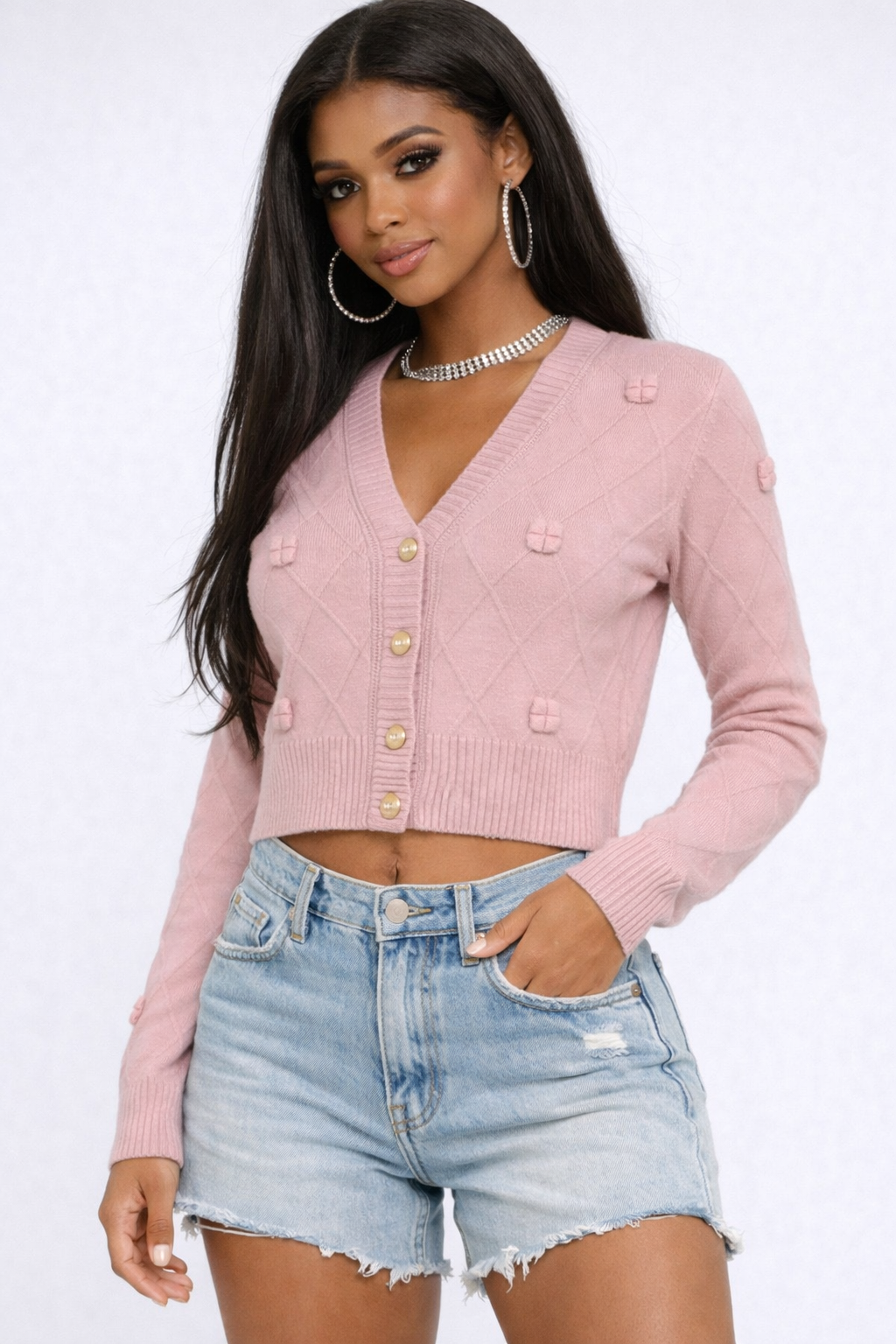 Bow Applique Cropped Cardigan Sweater