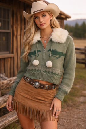 Horse Print Pom-Pom Zip-Up Sweater