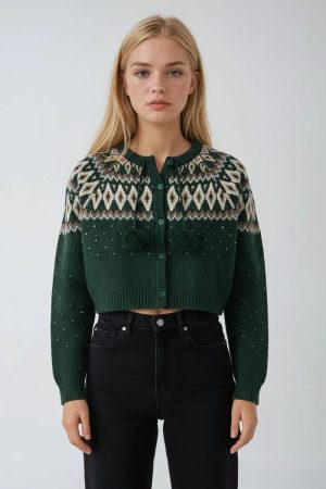 Fair Isle Pom-Pom Tie Cardigan