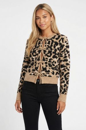Leopard Lace-Up Bow Cardigan Sweater