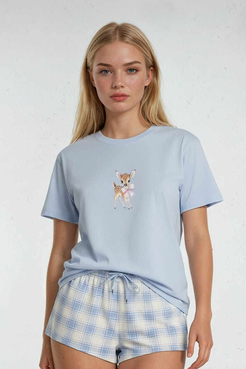 Deer Graphic Tee & Plaid Shorts Pajama Set - Image 4