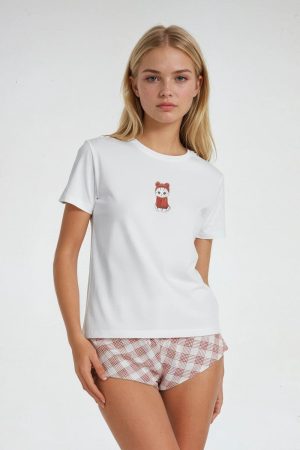 Cat Graphic Tee & Plaid Shorts Pajama Set