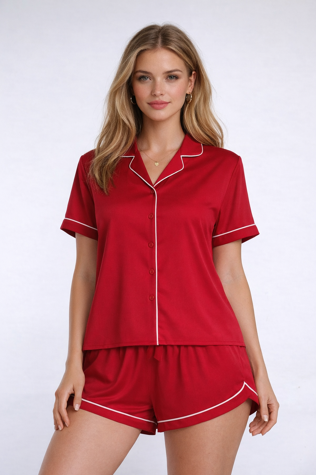 Piped-Trim Top & Shorts Pajama Set
