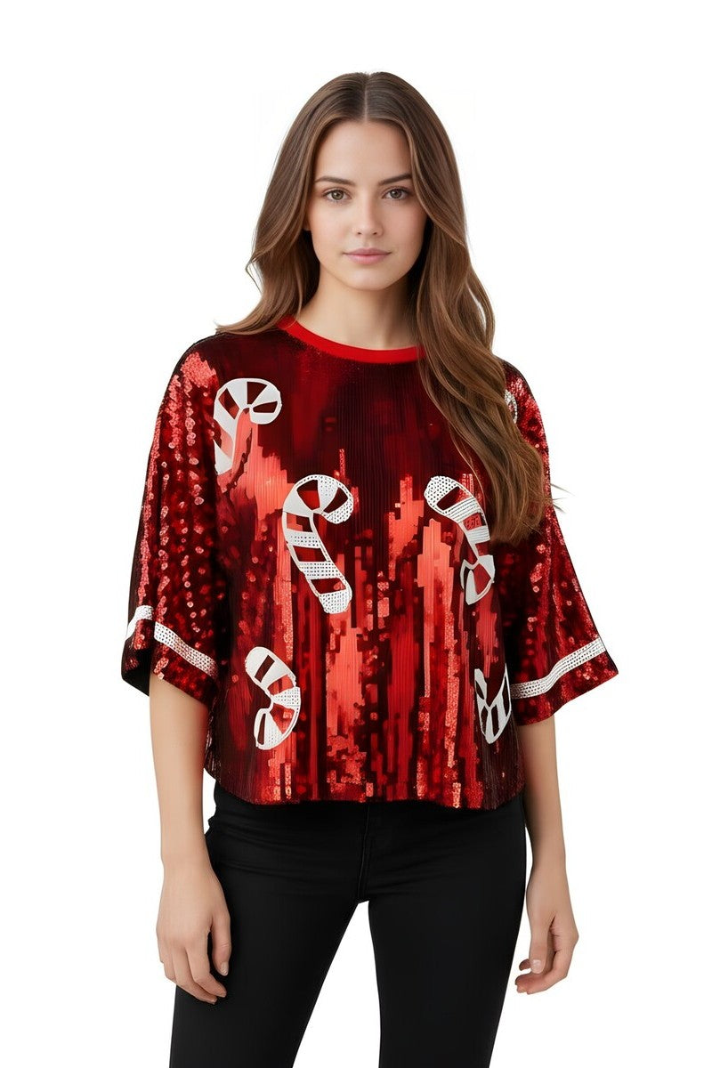 Candy Cane Holiday Sequin Top