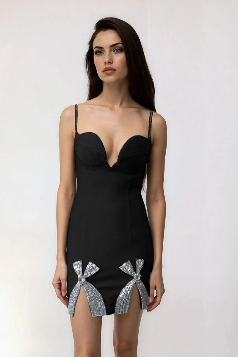 Rhinestone Bow Sweetheart Bodycon Mini Dress