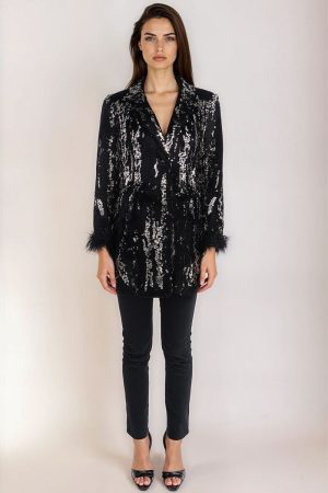 Sequin Feather-Trim Blazer