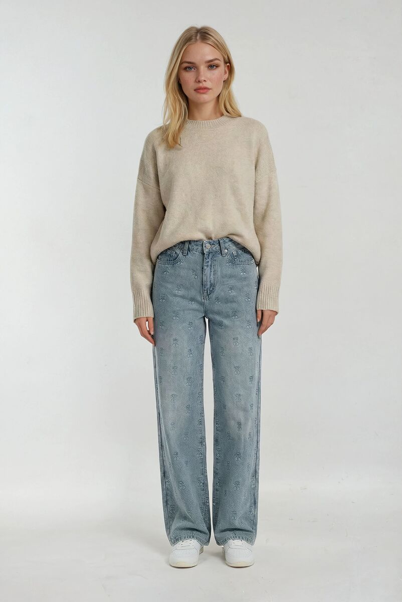 Cherry Embroidered Wide-Leg Jeans