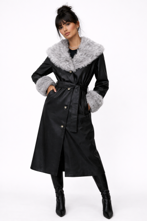 Faux Leather & Faux Fur-Trim Trench Coat