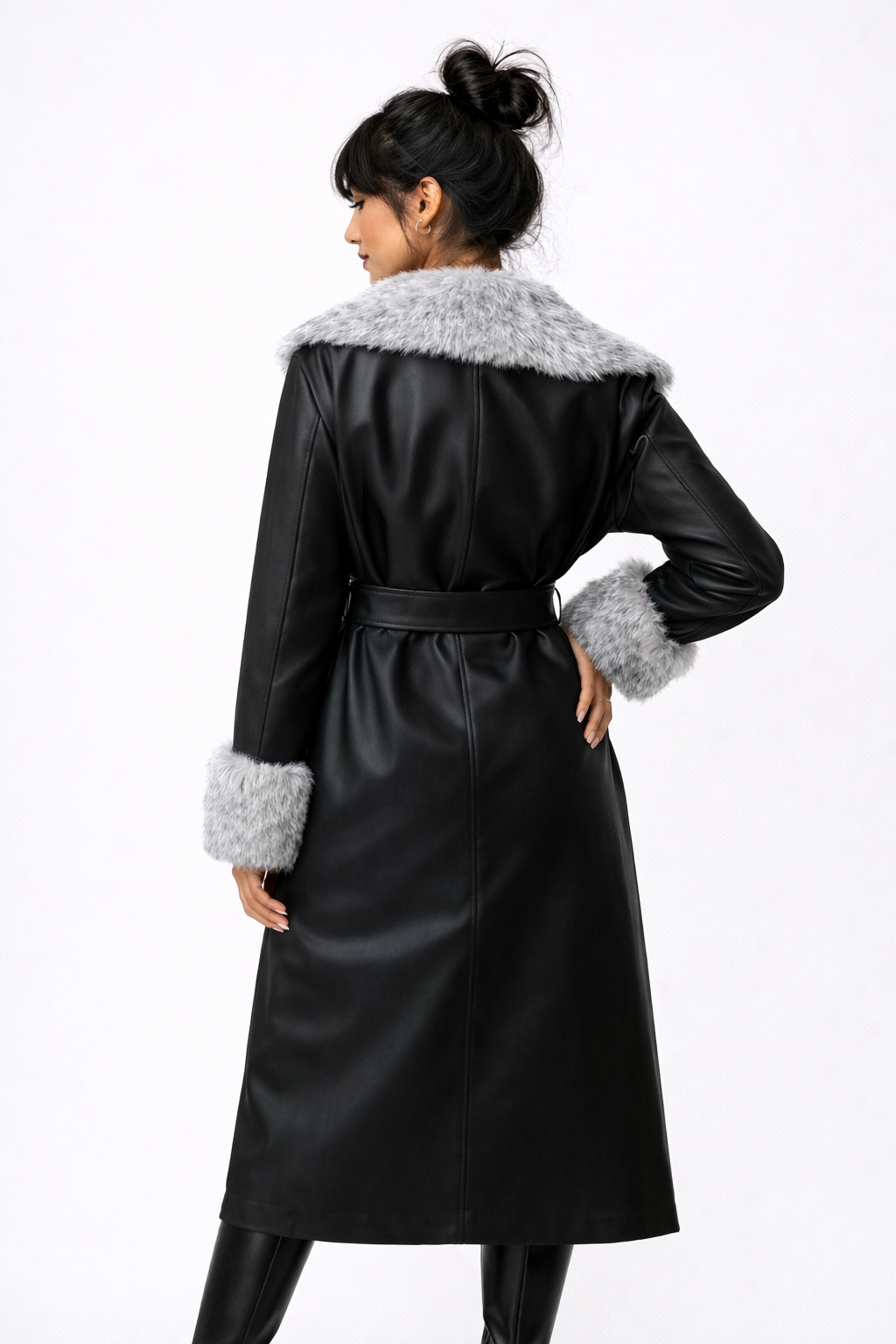 Faux Leather & Faux Fur-Trim Trench Coat - Image 2