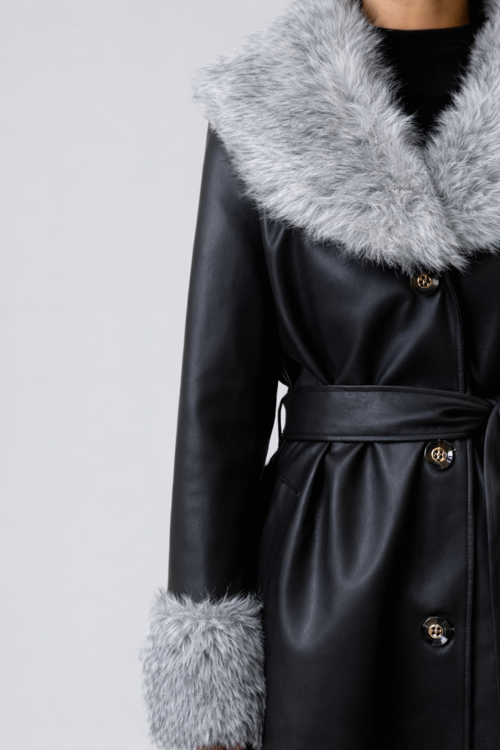 Faux Leather & Faux Fur-Trim Trench Coat - Image 3