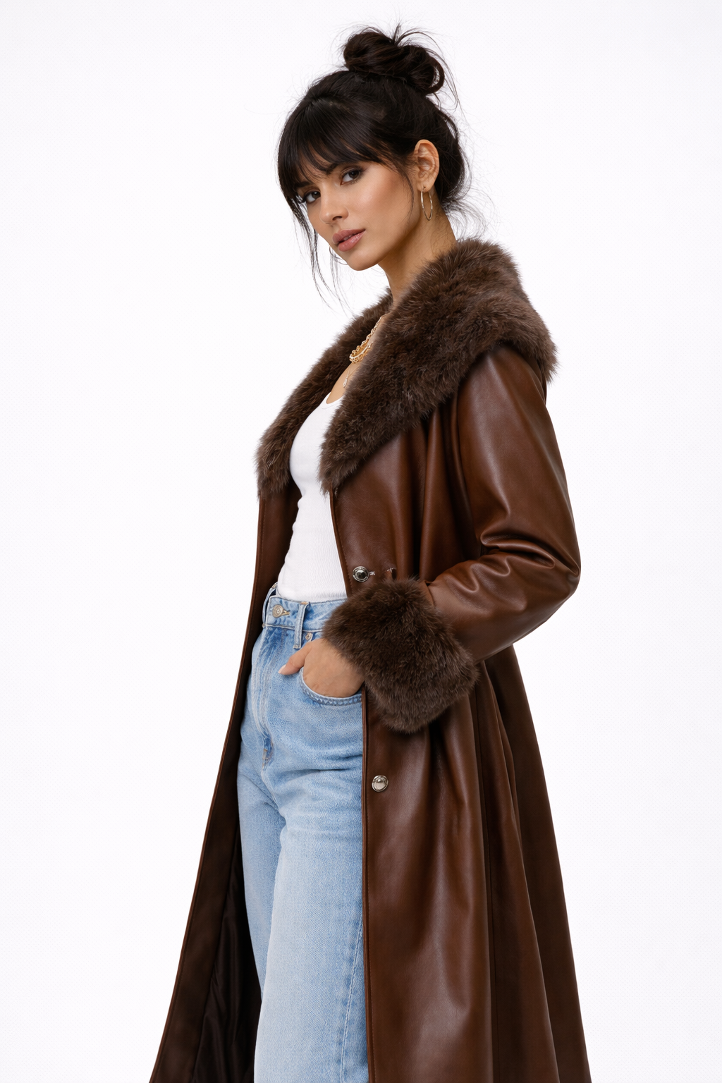 Faux Leather & Faux Fur-Trim Trench Coat - Image 4