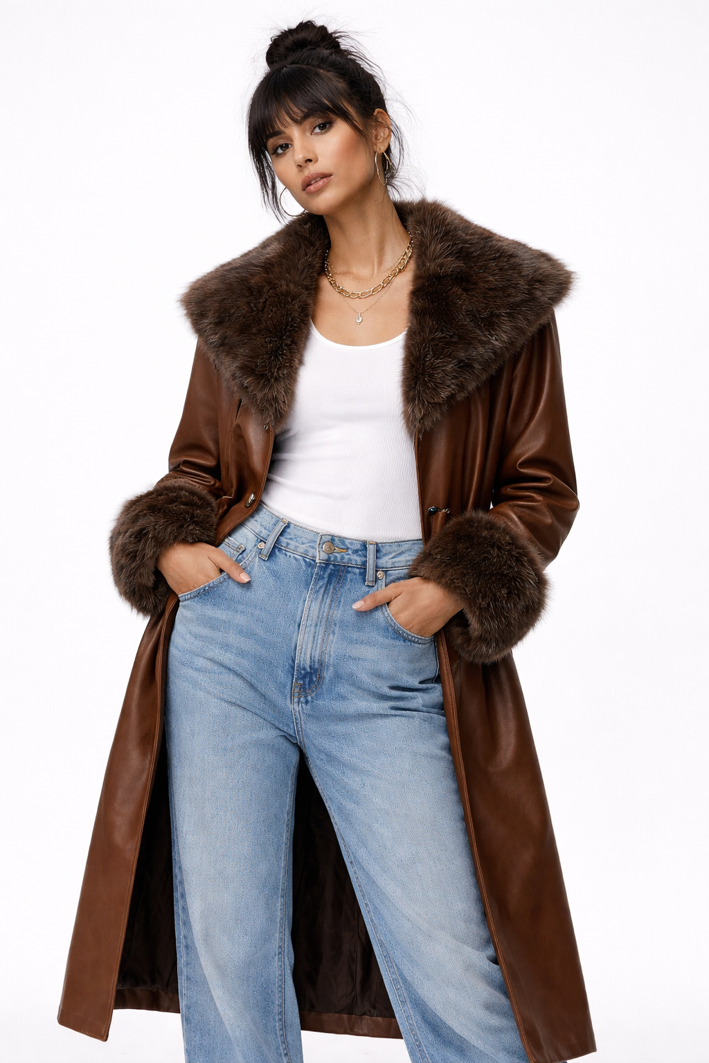 Faux Leather & Faux Fur-Trim Trench Coat - Image 5