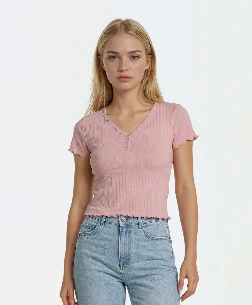 Ribbed Lettuce-Edge Henley Tee