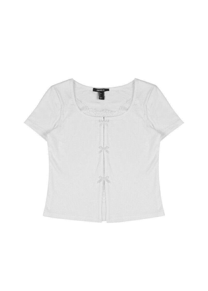 Ribbed Lace-Trim Bow Top - Image 4