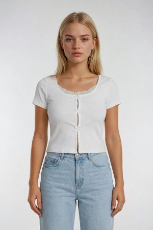 Ribbed Lace-Trim Bow Top