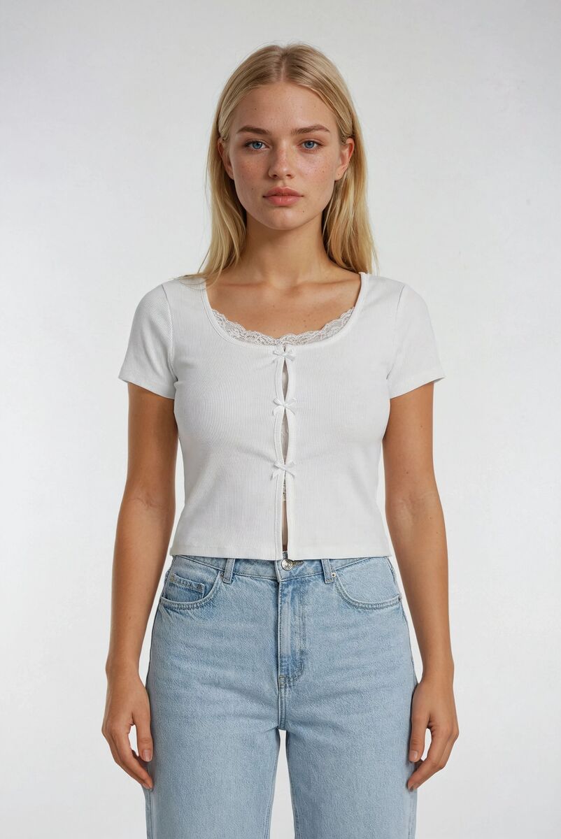 Ribbed Lace-Trim Bow Top