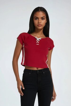 Lace-Up Raglan Cropped Tee
