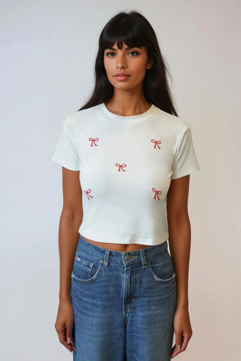 Embroidered Bow Cropped Tee