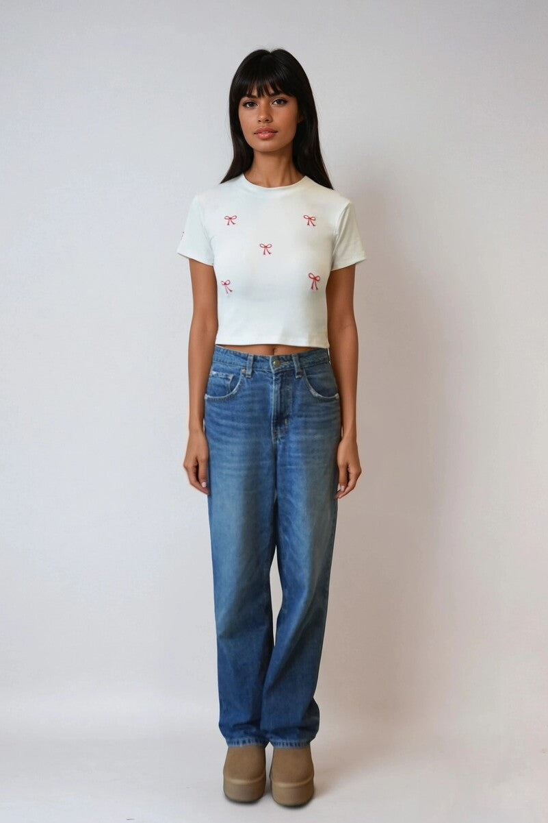 Embroidered Bow Cropped Tee - Image 2