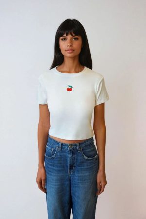 Embroidered Cherry Cropped Tee