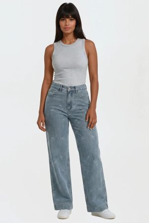 Embroidered Bow Print Wide-Leg Jeans