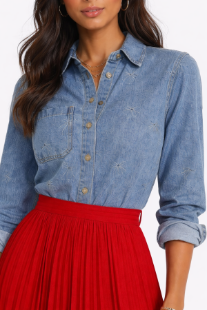 Embroidered Bow Print Oversized Denim Shirt