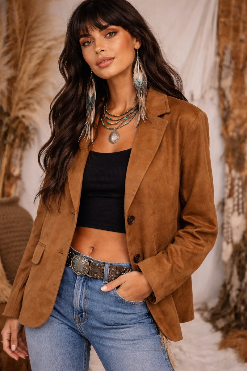 Faux Suede Button-Front Blazer Jacket