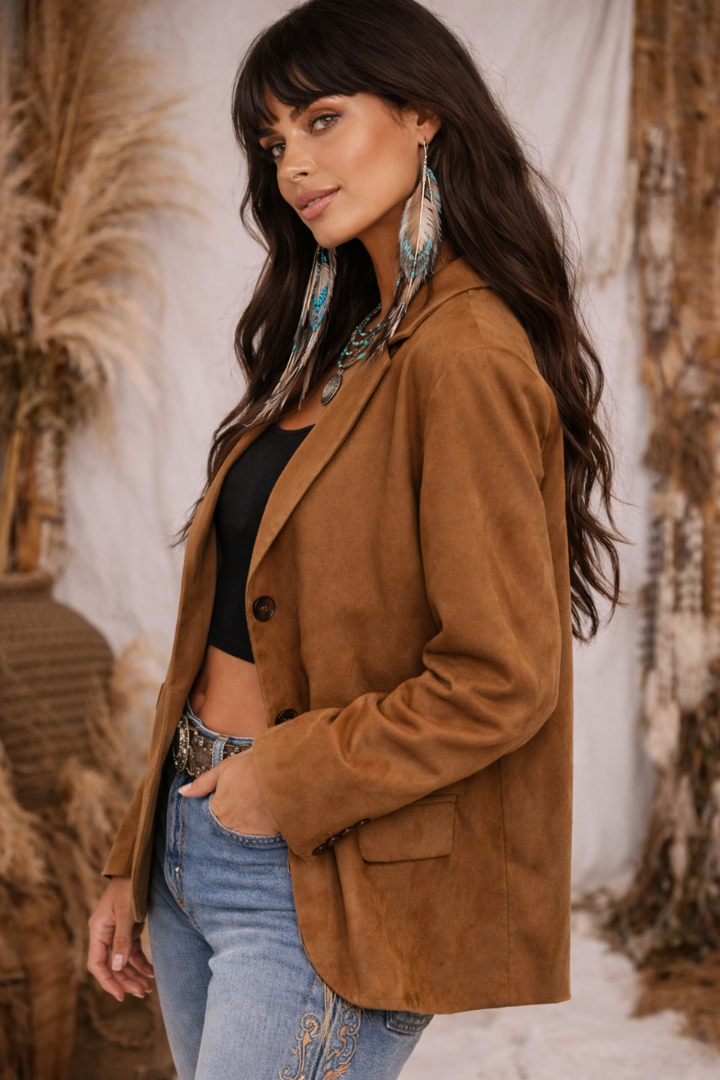 Faux Suede Button-Front Blazer Jacket - Image 2