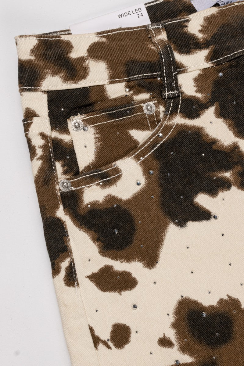 Cow Print Rhinestone Wide-Leg Jeans - Image 3