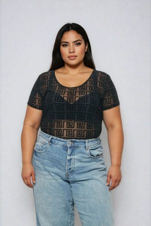 Plus Size Geometric Pattern Mesh Bodysuit