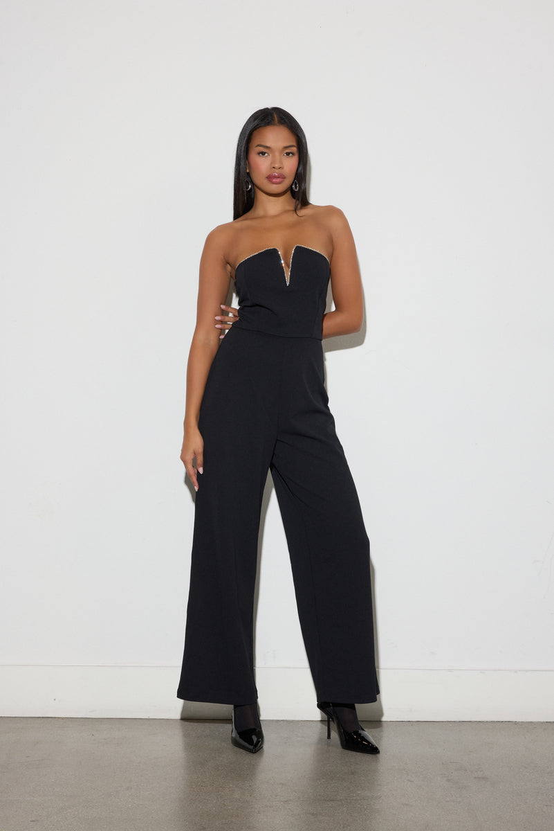 Rhinestone-Trim Strapless Jumpsuit