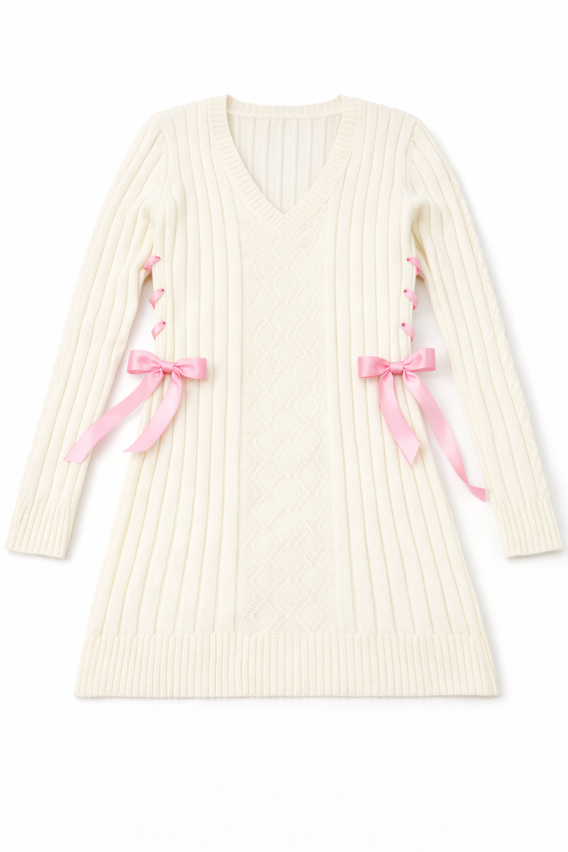 Cable Knit Lace-Up Ribbon Mini Dress - Image 8