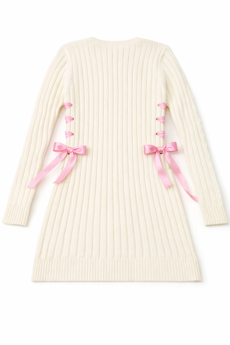 Cable Knit Lace-Up Ribbon Mini Dress - Image 9