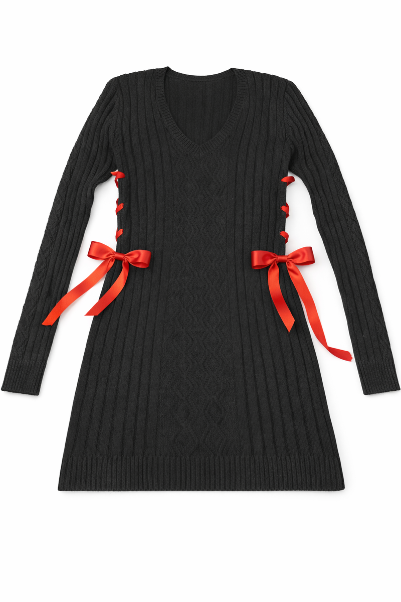 Cable Knit Lace-Up Ribbon Mini Dress - Image 3