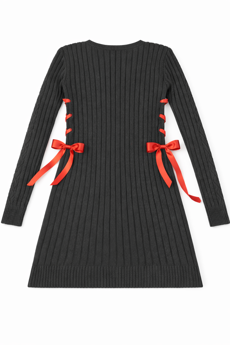 Cable Knit Lace-Up Ribbon Mini Dress - Image 4