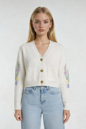 Floral Embroidered-Sleeve Cropped Cardigan