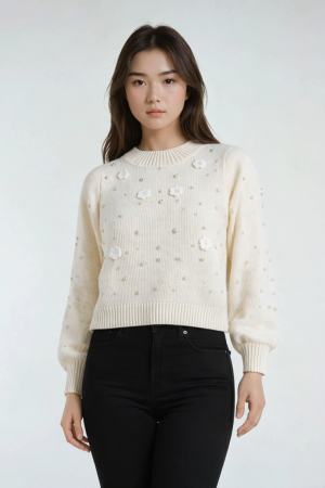 Floral Appliqué Faux Pearl Sweater