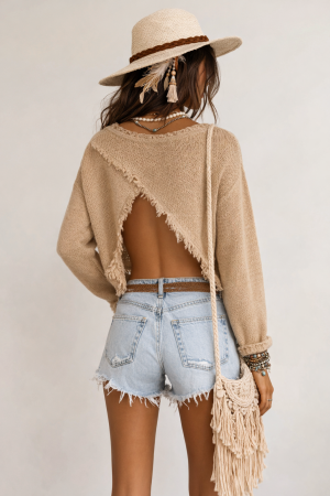 Fringe-Trim Open-Back Bolero Sweater
