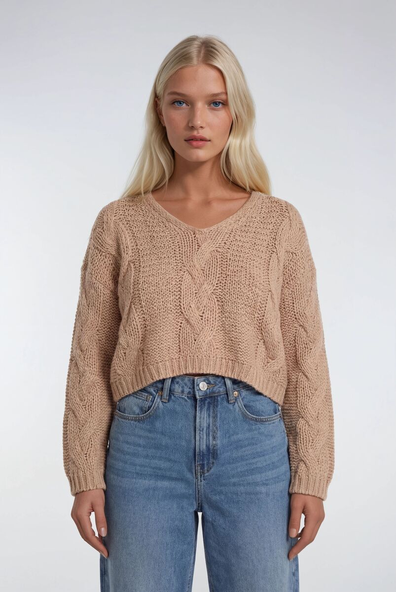 V-Neck Cable Knit Sweater - Image 2